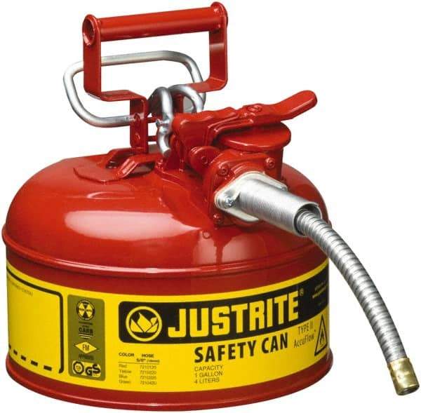 Justrite - 1 Gal Galvanized Steel Type II Safety Can - 10-1/2" High x 9-1/2" Diam, Red with Yellow - All Tool & Supply