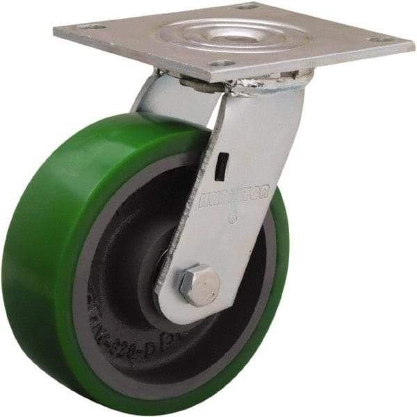 Hamilton - 6" Diam x 2" Wide x 7-1/2" OAH Top Plate Mount Swivel Caster - Polyurethane Mold onto Cast Iron Center, 900 Lb Capacity, Sealed Precision Ball Bearing, 5 x 5-1/2" Plate - All Tool & Supply