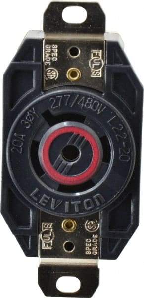 Leviton - 277/480 VAC, 20 Amp, L22-20R NEMA, Self Grounding Receptacle - 4 Poles, 5 Wire, Female End, Black - All Tool & Supply