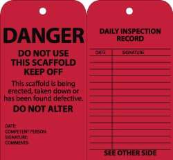 NMC - 3" High x 6" Long, DANGER - DO NOT USE THIS SCAFFOLD-KEEP OFF-DO NOT ALTER, English Safety & Facility Inspection Tag - Tag Header: Danger, 2 Sides, Black & Red Cardstock - All Tool & Supply