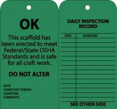 NMC - 3" High x 6" Long, OK - DO NOT ALTER, English Safety & Facility Inspection Tag - Tag Header: Notice, 2 Sides, Black & Green Cardstock - All Tool & Supply