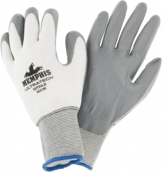 MCR Safety - Size M (8) Nitrile Coated Nylon General Protection Work Gloves - For General Purpose, Palm & Fingers Coated, Knit Wrist Cuff, Full Fingered, Gray/White/Blue, Paired - All Tool & Supply