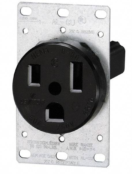 Leviton - 250 VAC, 60 Amp, 15-60R NEMA Configuration, Black, Industrial Grade, Self Grounding Single Receptacle - 1 Phase, 3 Poles, 4 Wire, Flush Mount, Tamper Resistant - All Tool & Supply