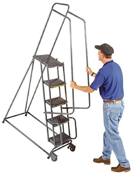 Ballymore - 78" 5 Step Ladder - Tilt & Roll Safety Ladder, 450 Lb Capacity, 47-1/2" Platform Height, 20" Base Width x 42" Base Depth, Heavy-Duty Serrated Grating - All Tool & Supply