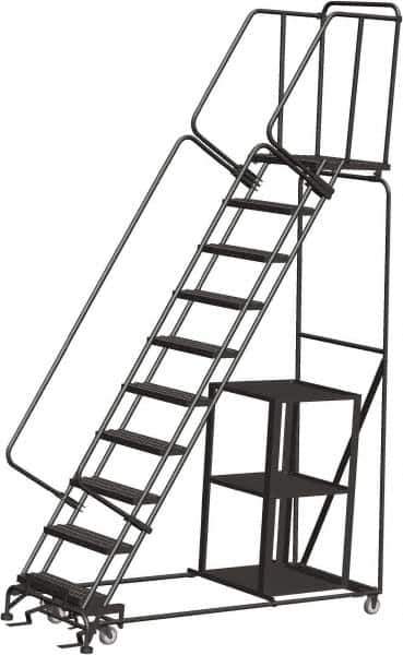 Ballymore - 133" 10 Step Ladder - Safety Stock Picking Ladder, 450 Lb Capacity, 100" Platform Height, 32" Base Width x 80" Depth, Perforated Tread - All Tool & Supply