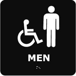 NMC - Men, 8" Wide x 8" High, Plastic Sign - English, Braille, White on Black, Wall Mount - All Tool & Supply