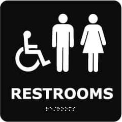 NMC - Restrooms, 8" Wide x 8" High, Plastic Sign - English, Braille, White on Black, Wall Mount - All Tool & Supply