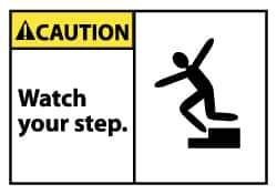 NMC - Accident Prevention Label, Header: CAUTION - Legend: Caution - Watch Your Step, English, Black, Yellow & White, 5" Long x 3" High, Sign Muscle Finish - All Tool & Supply