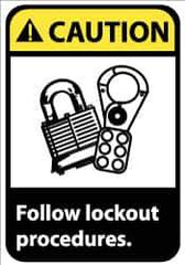 NMC - Accident Prevention Label, Header: CAUTION - Legend: Caution - Follow Lock-Out Procedures, English, Black, Yellow & White, 5" Long x 3" High, Sign Muscle Finish - All Tool & Supply