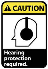 NMC - Accident Prevention Label, Header: CAUTION - Legend: Caution - Hearing Protection Required, English, Black, Yellow & White, 5" Long x 3" High, Sign Muscle Finish - All Tool & Supply