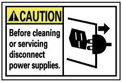 NMC - Accident Prevention Label, Header: CAUTION - Legend: Caution - Before Cleaning or Servicing Disconnect Power Supplies, English, Black, Yellow & White, 5" Long x 3" High, Sign Muscle Finish - All Tool & Supply