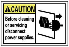 NMC - Accident Prevention Label, Header: CAUTION - Legend: Caution - Before Cleaning or Servicing Disconnect Power Supplies, English, Black, Yellow & White, 5" Long x 3" High, Sign Muscle Finish - All Tool & Supply