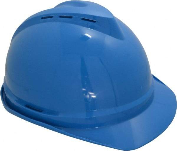 MSA - ANSI Type I, Class C Rated, 4-Point, Ratchet Adjustment Hard Hat - Size 6-1/2 to 8, Blue, Standard Brim, Vented - All Tool & Supply