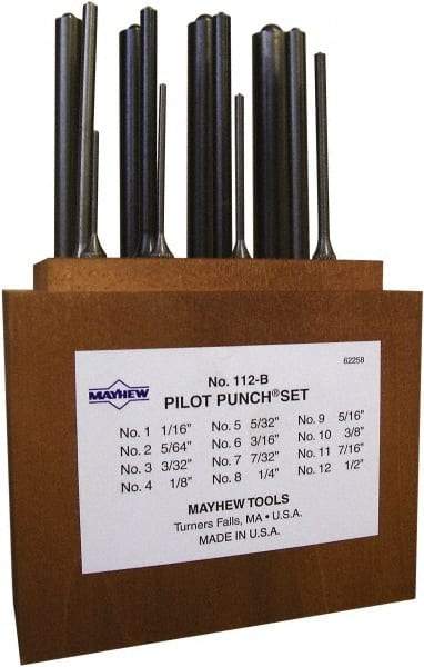 Mayhew - 12 Piece, 1/16 to 1/2", Roll Pin Punch Set - Round Shank, Alloy Steel, Comes in Wood Box - All Tool & Supply