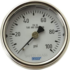 Wika - 2-1/2" Dial, 1/4 Thread, 0-100 Scale Range, Pressure Gauge - Center Back Connection Mount, Accurate to 2-1-2% of Scale - All Tool & Supply