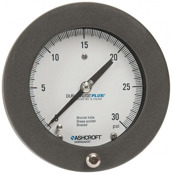 Ashcroft - 4-1/2" Dial, 1/4 Thread, 0-30 Scale Range, Pressure Gauge - Center Back Connection Mount, Accurate to 0.5% of Scale - All Tool & Supply