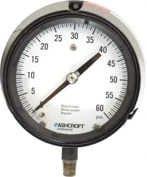 Ashcroft - 4-1/2" Dial, 1/4 Thread, 0-60 Scale Range, Pressure Gauge - Lower Connection, Rear Flange Connection Mount, Accurate to 0.5% of Scale - All Tool & Supply