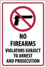 NMC - "No Firearms - Violators Subject to Arrest and Prosecution", 18" Long x 12" Wide, Pressure-Sensitive Vinyl Safety Sign - Rectangle, 0.004" Thick, Use for Security & Admittance - All Tool & Supply