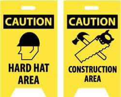 NMC - Caution - Hard Hat Area, Caution - Construction Area, 12" Wide x 20" High, Plastic Floor Sign - A-Frame, Black on Yellow, For Accident Prevention - All Tool & Supply