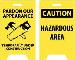 NMC - Pardon Our Appearance - Temporarily Under Construction, 12" Wide x 19" High, Plastic Floor Sign - A-Frame, Black on Yellow, For Accident Prevention - All Tool & Supply