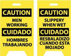 NMC - Caution - Men Working, Caution - Slippery When Wet, 12" Wide x 20" High, Plastic Floor Sign - English/Spanish, A-Frame, Black on Yellow, For Accident Prevention - All Tool & Supply