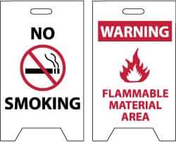 NMC - No Smoking, Warning - Flammable Material Area, 12" Wide x 20" High, Plastic Floor Sign - A-Frame, Red & Black on White, For Hazardous Materials - All Tool & Supply