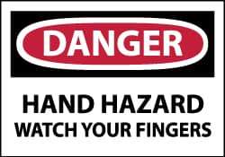 NMC - Hazardous Materials Label, Header: DANGER - Legend: Danger - Hand Hazard - Watch Your Fingers, English, Red, Black & White, 5" Long x 3" High, Sign Muscle Finish - All Tool & Supply