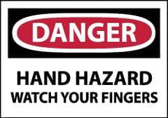 NMC - Hazardous Materials Label, Header: DANGER - Legend: Danger - Hand Hazard - Watch Your Fingers, English, Red, Black & White, 5" Long x 3" High, Sign Muscle Finish - All Tool & Supply