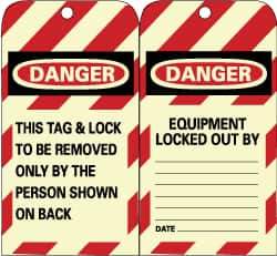 NMC - 3" High x 6" Long, DANGER - THIS TAG & LOCK TO BE REMOVED ONLY BY THE PERSON SHOWN ON BACK, English Safety & Facility Lockout Tag - Tag Header: Danger, 2 Sides, Black, Red & White Unrippable Vinyl - All Tool & Supply