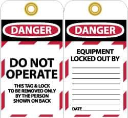 NMC - 3" High x 6" Long, DANGER - DO NOT OPERATE - THIS TAG & LOCK TO BE REMOVED ONLY BY THE PERSON SHOWN ON BACK, English Safety & Facility Lockout Tag - Tag Header: Danger, 2 Sides, Black, Red & White Unrippable Vinyl - All Tool & Supply