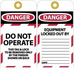 NMC - 3" High x 6" Long, DANGER - DO NOT OPERATE - THIS TAG & LOCK TO BE REMOVED ONLY BY THE PERSON SHOWN ON BACK, English Safety & Facility Lockout Tag - Tag Header: Danger, 2 Sides, Black, Red & White Unrippable Vinyl - All Tool & Supply