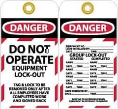 NMC - 3" High x 6" Long, DANGER - DO NOT OPERATE - EQUIPMENT LOCK-OUT, English Safety & Facility Lockout Tag - Tag Header: Danger, 2 Sides, Black, Red & White Unrippable Vinyl - All Tool & Supply