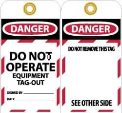 NMC - 3" High x 6" Long, DANGER - DO NOT OPERATE - EQUIPMENT TAG-OUT, English Safety & Facility Lockout Tag - Tag Header: Danger, 2 Sides, Black, Red & White Unrippable Vinyl - All Tool & Supply