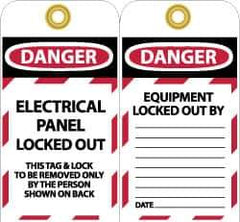 NMC - 3" High x 6" Long, DANGER - ELECTRICAL PANEL LOCKED OUT - THIS TAG & LOCK TO BE REMOVED ONLY BY THE PERSON SHOWN ON BACK, English Safety & Facility Lockout Tag - Tag Header: Danger, 2 Sides, Black, Red & White Unrippable Vinyl - All Tool & Supply