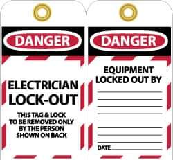 NMC - 3" High x 6" Long, DANGER - ELECTRICIAN LOCK-OUT - THIS TAG & LOCK TO BE REMOVED ONLY BY THE PERSON SHOWN ON BACK, English Safety & Facility Lockout Tag - Tag Header: Danger, 2 Sides, Black, Red & White Unrippable Vinyl - All Tool & Supply