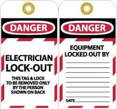 NMC - 3" High x 6" Long, DANGER - ELECTRICIAN LOCK-OUT - THIS TAG & LOCK TO BE REMOVED ONLY BY THE PERSON SHOWN ON BACK, English Safety & Facility Lockout Tag - Tag Header: Danger, 2 Sides, Black, Red & White Unrippable Vinyl - All Tool & Supply