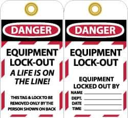 NMC - 3" High x 6" Long, DANGER - EQUIPMENT LOCK-OUT - A LIFE IS ON THE LINE! THIS TAG & LOCK TO BE REMOVED ONLY BY THE PERSON SHOWN ON BACK, English Safety & Facility Lockout Tag - Tag Header: Danger, 2 Sides, Black, Red & White Unrippable Vinyl - All Tool & Supply