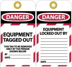 NMC - 3" High x 6" Long, DANGER - EQUIPMENT TAGGED OUT - THIS TAG TO BE REMOVED ONLY BY THE PERSON SHOWN BELOW, English Safety & Facility Lockout Tag - Tag Header: Danger, 2 Sides, Black, Red & White Unrippable Vinyl - All Tool & Supply