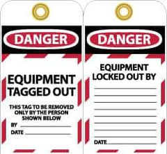 NMC - 3" High x 6" Long, DANGER - EQUIPMENT TAGGED OUT - THIS TAG TO BE REMOVED ONLY BY THE PERSON SHOWN BELOW, English Safety & Facility Lockout Tag - Tag Header: Danger, 2 Sides, Black, Red & White Unrippable Vinyl - All Tool & Supply