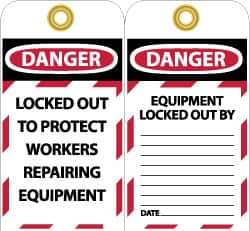 NMC - 3" High x 6" Long, DANGER - LOCKED OUT TO PROTECT WORKERS REPAIRING EQUIPMENT, English Safety & Facility Lockout Tag - Tag Header: Danger, 2 Sides, Black, Red & White Unrippable Vinyl - All Tool & Supply