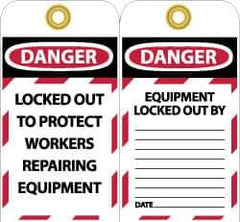 NMC - 3" High x 6" Long, DANGER - LOCKED OUT TO PROTECT WORKERS REPAIRING EQUIPMENT, English Safety & Facility Lockout Tag - Tag Header: Danger, 2 Sides, Black, Red & White Unrippable Vinyl - All Tool & Supply