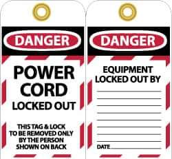 NMC - 3" High x 6" Long, DANGER - POWER CORD LOCKED OUT - THIS TAG & LOCK TO BE REMOVED ONLY BY THE PERSON SHOWN ON BACK, English Safety & Facility Lockout Tag - Tag Header: Danger, 2 Sides, Black, Red & White Unrippable Vinyl - All Tool & Supply