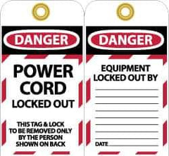 NMC - 3" High x 6" Long, DANGER - POWER CORD LOCKED OUT - THIS TAG & LOCK TO BE REMOVED ONLY BY THE PERSON SHOWN ON BACK, English Safety & Facility Lockout Tag - Tag Header: Danger, 2 Sides, Black, Red & White Unrippable Vinyl - All Tool & Supply