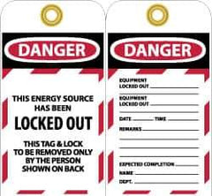 NMC - 3" High x 6" Long, DANGER - THIS ENERGY SOURCE HAS BEEN LOCKED OUT - THIS TAB & LOCK TO BE REMOVED ONLY BY THE PERSON SHOWN ON BACK, English Safety & Facility Lockout Tag - Tag Header: Danger, 2 Sides, Black, Red & White Unrippable Vinyl - All Tool & Supply