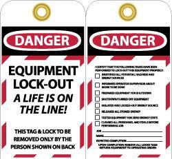 NMC - 3" High x 6" Long, DANGER - EQUIPMENT LOCK-OUT - A LIFE IS ON THE LINE! THIS TAG & LOCK TO BE REMOVED ONLY BY THE PERSON SHOWN ON BACK, English Safety & Facility Lockout Tag - Tag Header: Danger, 2 Sides, Black, Red & White Unrippable Vinyl - All Tool & Supply