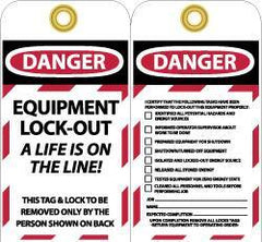 NMC - 3" High x 6" Long, DANGER - EQUIPMENT LOCK-OUT - A LIFE IS ON THE LINE! THIS TAG & LOCK TO BE REMOVED ONLY BY THE PERSON SHOWN ON BACK, English Safety & Facility Lockout Tag - Tag Header: Danger, 2 Sides, Black, Red & White Unrippable Vinyl - All Tool & Supply