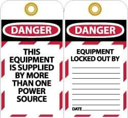 NMC - 3" High x 6" Long, DANGER - THIS EQUIPMENT IS SUPPLIED BY MORE THAN ONE POWER SOURCE, English Safety & Facility Lockout Tag - Tag Header: Danger, 2 Sides, Black, Red & White Unrippable Vinyl - All Tool & Supply