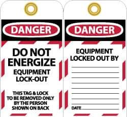 NMC - 3" High x 6" Long, DANGER - DO NOT ENERGIZE - EQUIPMENT LOCK-OUT - THIS TAG & LOCK TO BE REMOVED ONLY BY THE PERSON SHOWN ON BACK, English Safety & Facility Lockout Tag - Tag Header: Danger, 2 Sides, Black, Red & White Unrippable Vinyl - All Tool & Supply