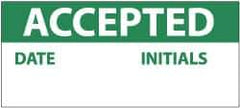 NMC - "Accepted - Date - Initials", 1" Long x 2-1/4" Wide, Pressure-Sensitive Vinyl Safety Sign - Rectangle, 0.004" Thick, Use for Inspection, Testing & Accident Data - All Tool & Supply