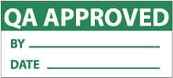 NMC - "QA Approved - By___, Date___", 1" Long x 2-1/4" Wide, Pressure-Sensitive Vinyl Safety Sign - Rectangle, 0.004" Thick, Use for Inspection, Testing & Accident Data - All Tool & Supply